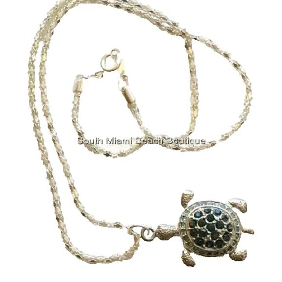 Silver Blue Crystal Sea Turtle Necklace Pendant Island Nautical Plated 17" - Picture 5 of 10